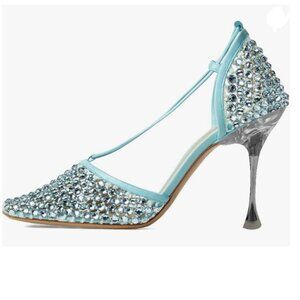 XYD Blue Square Toe Rhinestones Studded Mesh Cutout Ankle Wrap Strappy Sandals